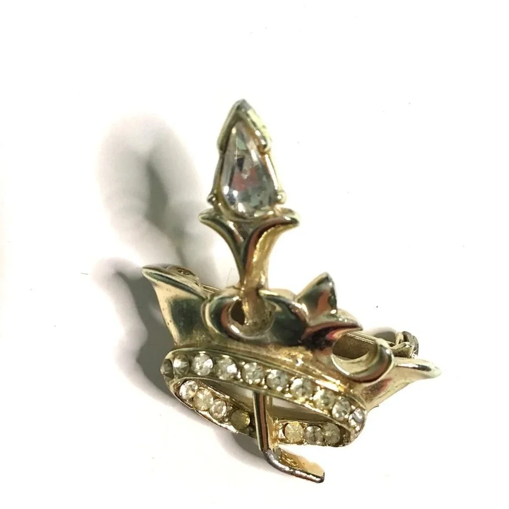 Vintage Gold‎ Tone Rhinestone Crown Brooch Regal Tiara Royal Pin Petite Crystal